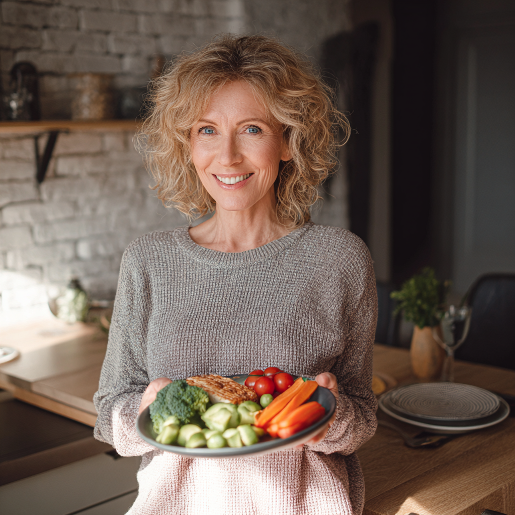 Smiling middle-aged Ukrainian woman holding fresh vegetables in a modern kitchen, looking confident and healthy