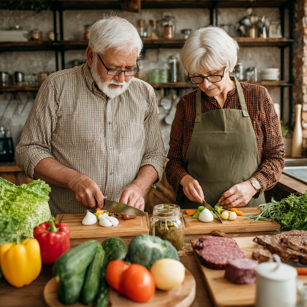 Group of diverse Ukrainian adults of different ages smiling while preparing seasonal vegetables together in a bright kitchen